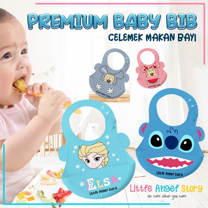 ..... Baby Bib Celemek Makan Bayi Slaber Silikon Anak Bibs Karakter Elsa Stitch Mickey Mini Karet