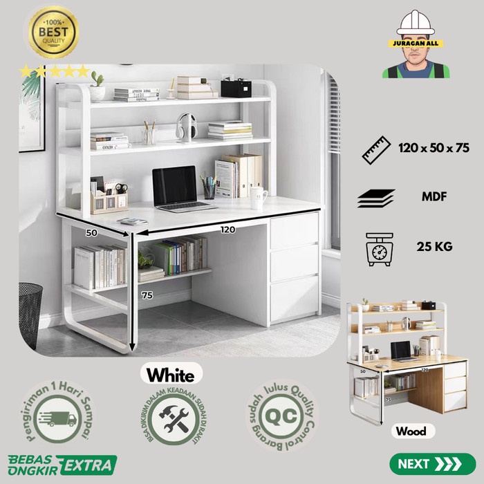 MEJA KERJA MINIMALIS/MEJA KANTOR LACI/MEJA BELAJAR/MEJA KOMPUTER 120CM + RAK ATAS - PUTIH