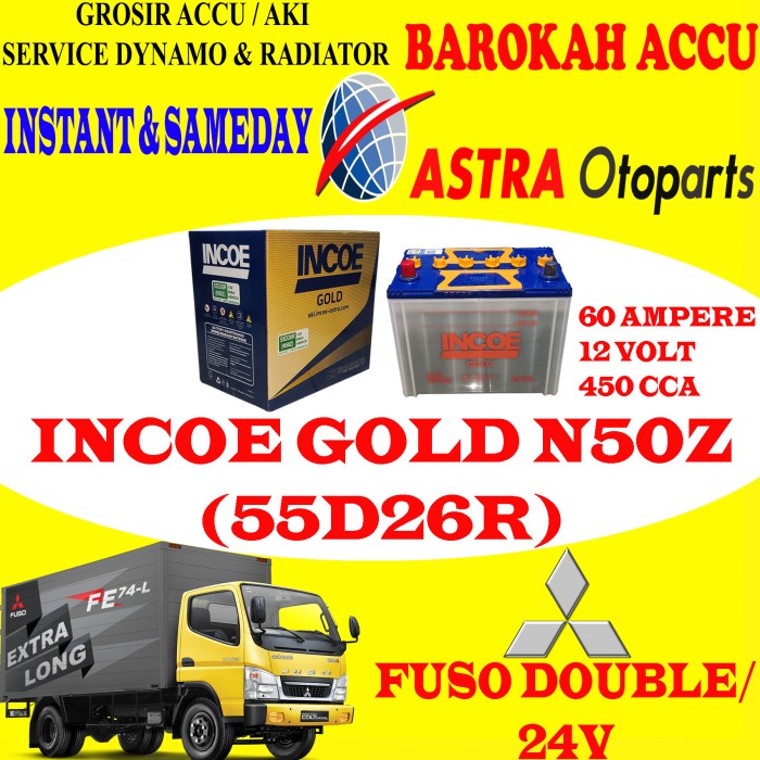 Aki / Accu Mobil Mitshubishi Fuso Incoe Gold N50Z / 55D26R , 60 Ah