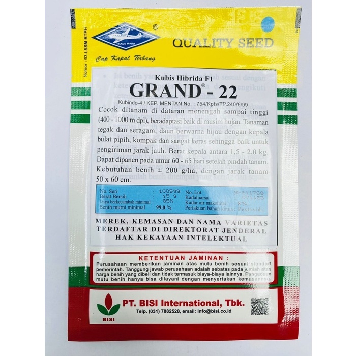 (BestSeller) Benih Kubis Hibrida F1 GRAND 22 isi 15gr dari CAP KAPAL TERBANG M
