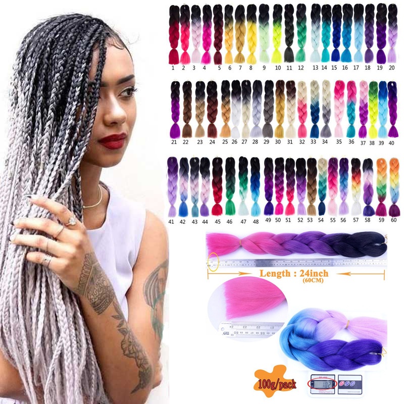 - Rambut Sambung Kepang Palsu Model Kepang Gaya Afrika Warna Ombre Biru Ukuran 24 Inch