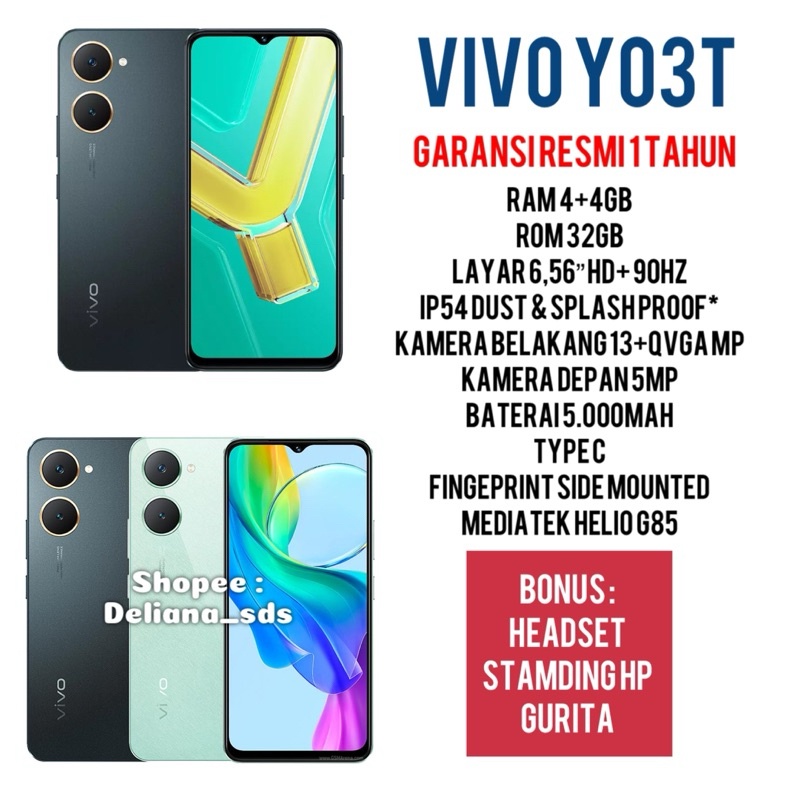 Vivo Y03T 4/32 4+4/32 8/32 Garansi Resmi 1 Tahun Vivo Y03T 4+4/32 Vivo Y03T 8/32 Vivo Y03 T 4/32