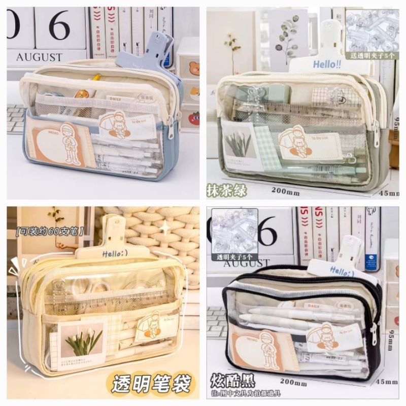 

Kotak Pensil Transparan Aesthetic Pensil Case Tempat Pensil Pen Pouch Lucu Stationery Organizer.
