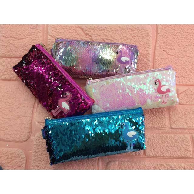 

Pencil pouch kotak pensil sequin flamingo kado anak import ready jakarta