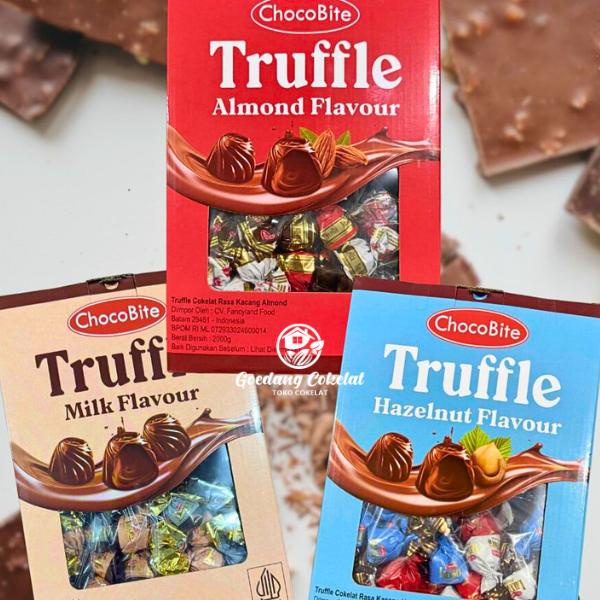 

terbaru !!! coklat truffle chocobite rasa almond hazelnut milk chocolate kemasan 2kg / 1kg ready