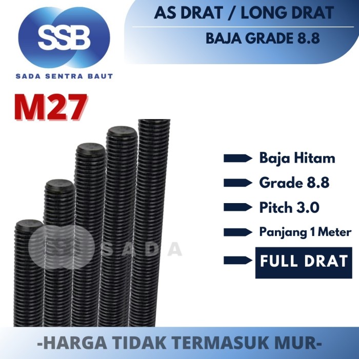 As Drat Baja 8.8 M27 / 27 mm Long Full Threaded Baja Hitam Grade 8.8