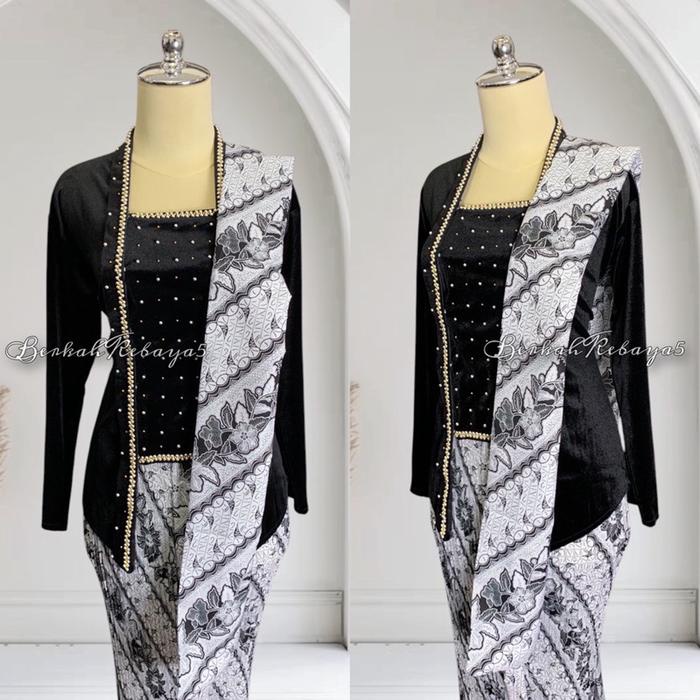 SETELAN KEBAYA BLUDRU PAREL WARNA HITAM + SELENDANG PARANG KUSUMO + JARIK PARANG KUSUMO TERMURAH