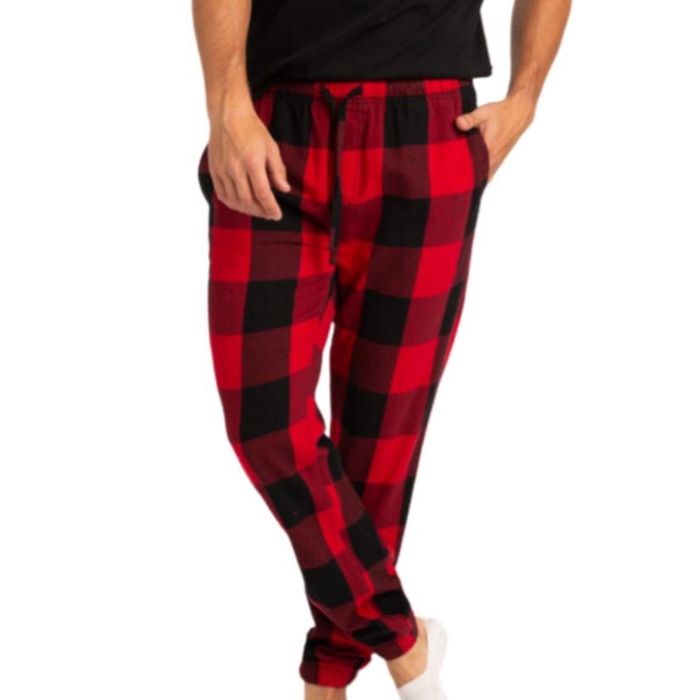 Celana Panjang Polar Tartan Flanel Kotak Merah Unisex Pria dan Wanita