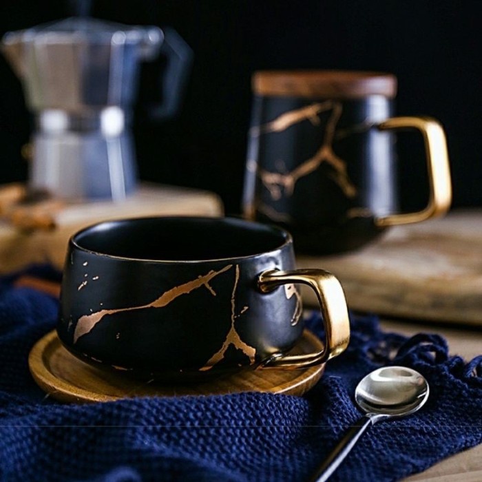 Terbaik Wooden Marble Mug Set / Set Coffee Mug Impor Marble Mug Wooden