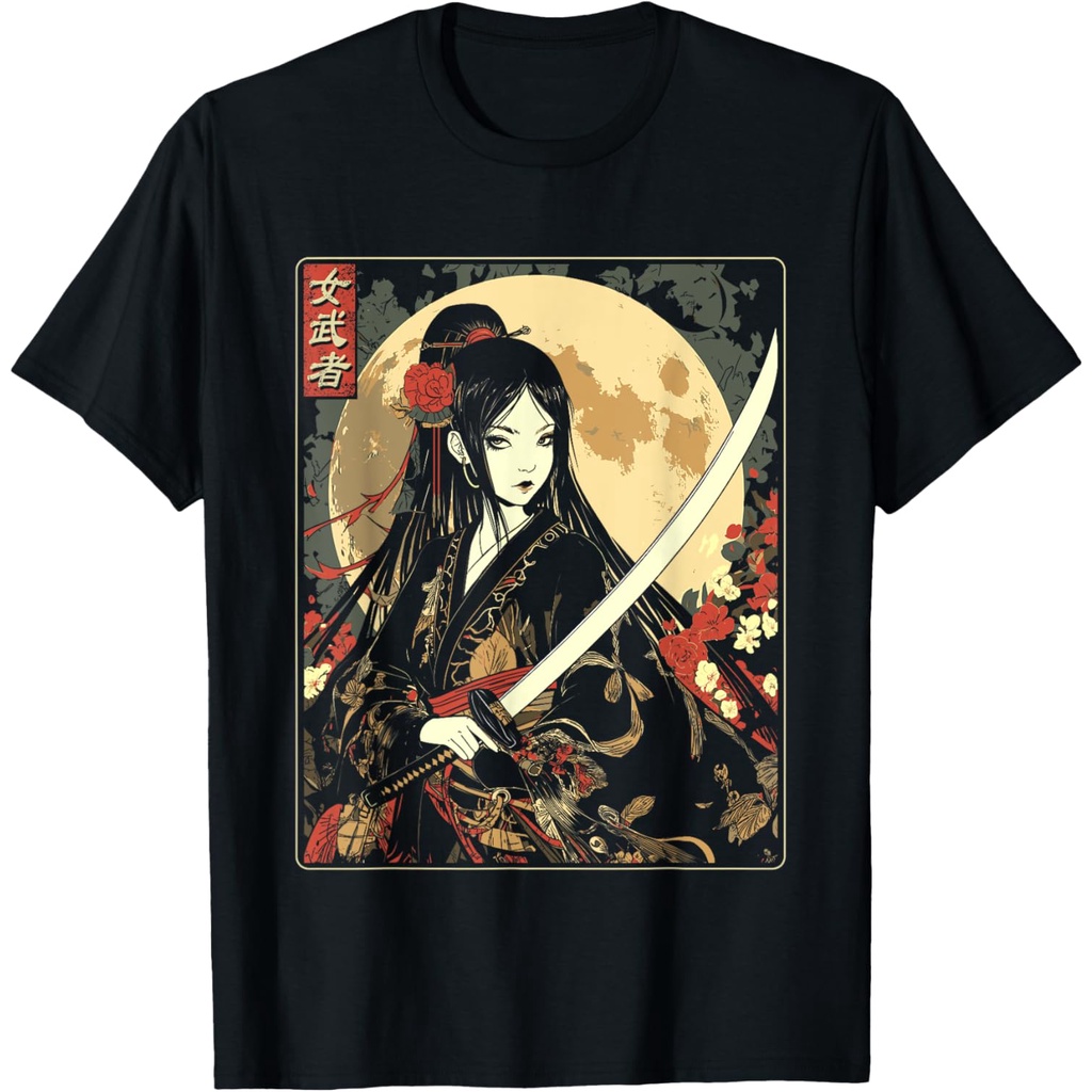 Kaos Wanita Bergambar Seni Samurai Gotik Jepang dengan Pedang Katana