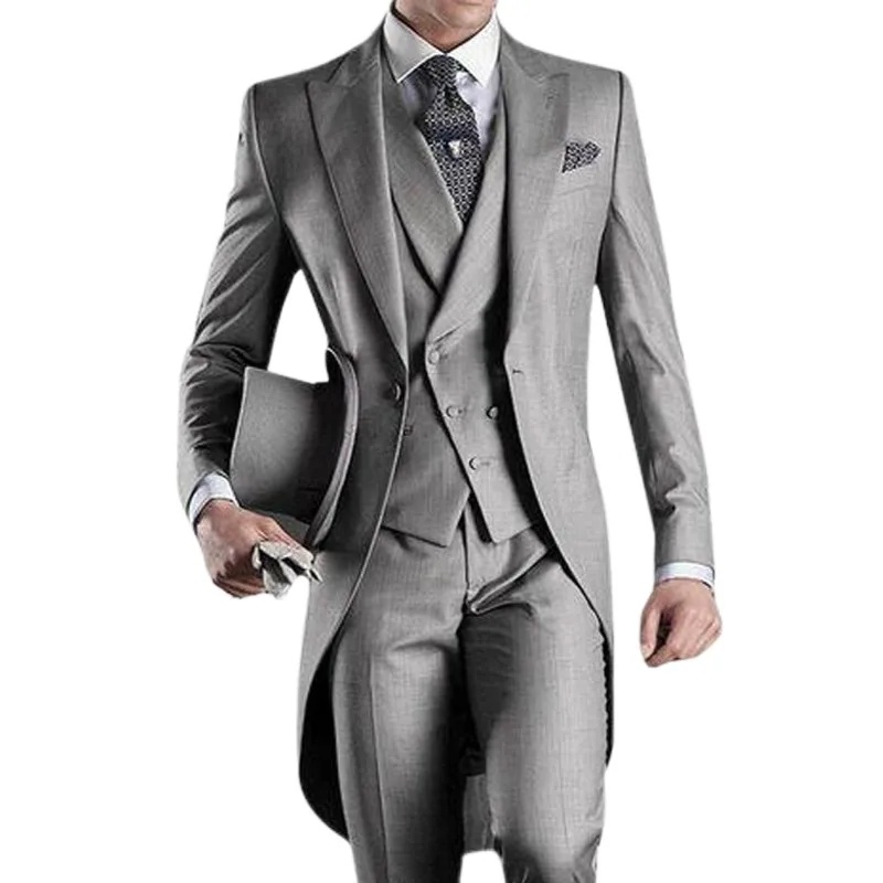 Gray Wedding Men Tail Coat 3 Pieces Groom Tuxedo Formal Prom Male Suits Fashion Set Costume Homme