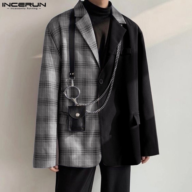 Incerun Men Blazer Plaid Pat work Lapel Long Sleeve One Button Casual Male Suits Streetwear Loose