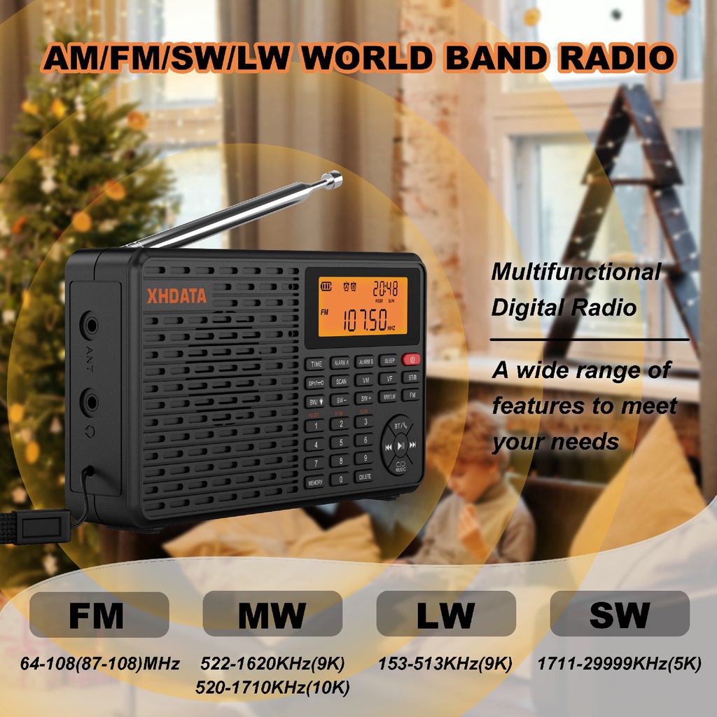 Xhdata D-109 Stereo Digital Portable Radio Am Sw Mw Fm Radio Bluetooth Compatible Multifunctional