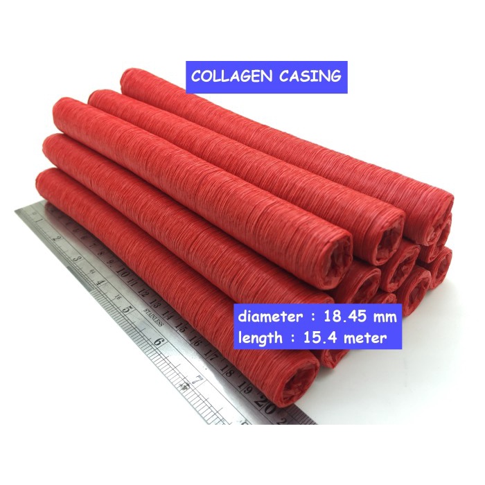 

Casing Sosis/Kulit Sosis Kolagen Panjang 15.4m Diameter 18.45mm HALAL