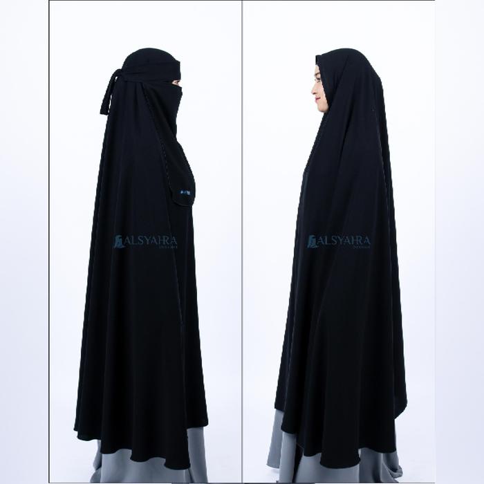 Terbaru Set Khimar Syari Haramain Non Pet Niqab Bandana Jetblack Alsyahra Exclusive Long Hijab Jumbo