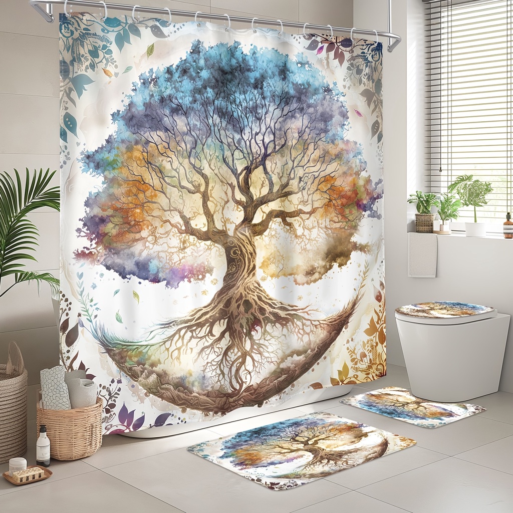 En anting Mystical Tree Of Life Sanctuary Bathroom Set - Waterproof Shower Curtain, Toilet Lid