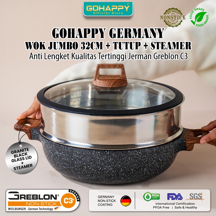PANCI SET WOK PAN 32CM + Steamer Penggorengan Gohappy Germany Granite