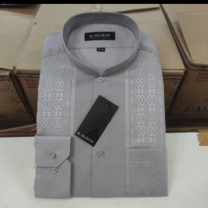 Kemeja Alisan Koko Bordir Abu Muda Lengan Panjang