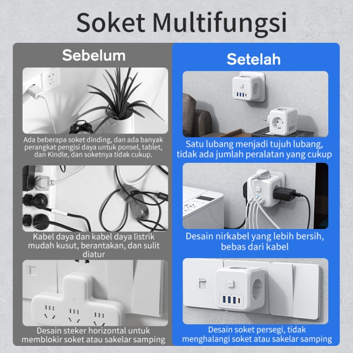 KIVEE kubus Stop kontak kabel Colokan listrik Colokan 3 lubang Colokan