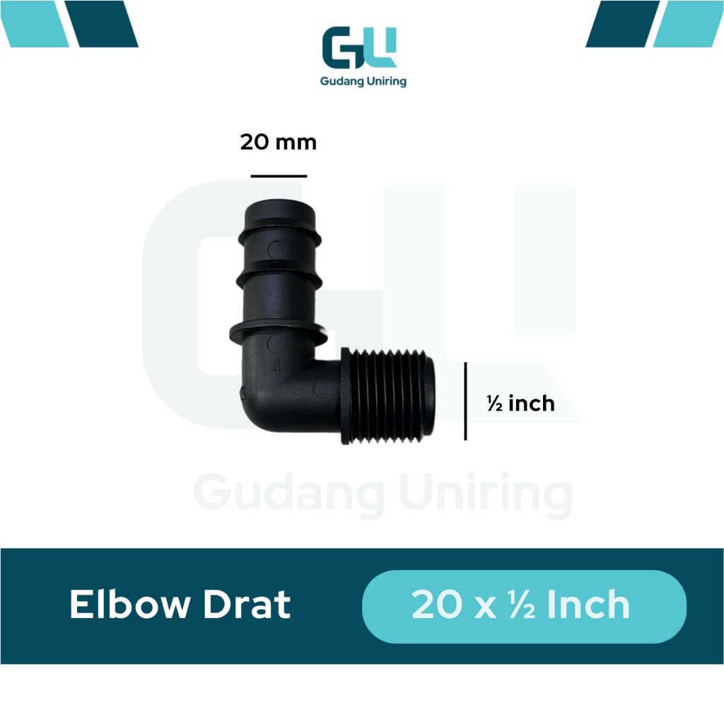 Konektor Drat L Elbow 1/2″ x 20 mm – sambungan pipa PVC 1/2″ ke selang PE 20 mm