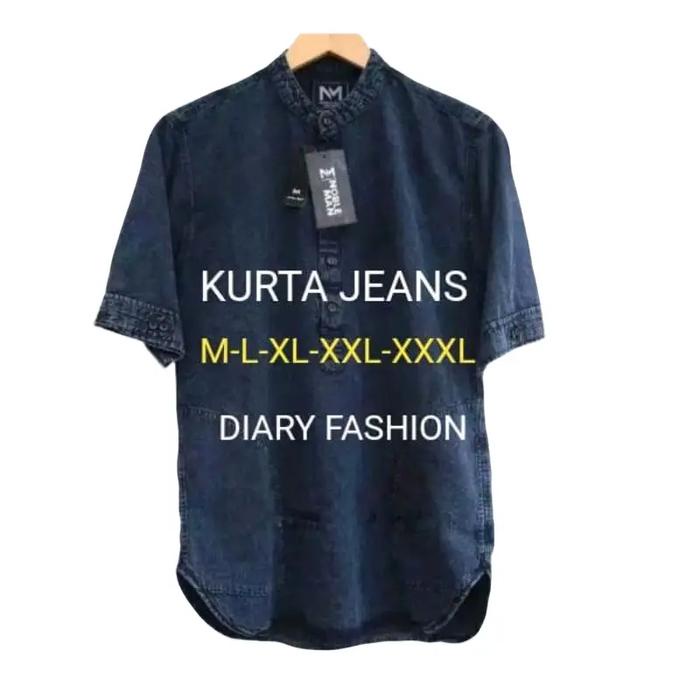 Baju Koko Kurta Jeans Pria Jumbo Lengan Pendek Dewasa Muslim Polos/Kurta Muslim Pria Jumbo Lengan