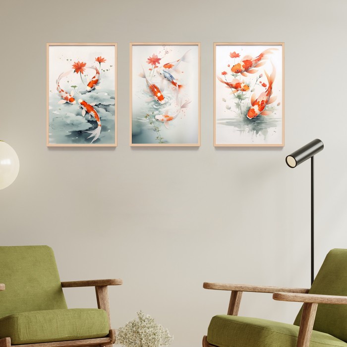 BIG SALE Lukisan Poster Print Ikan Koi frame kayu, dekorasi dinding kamar rumah