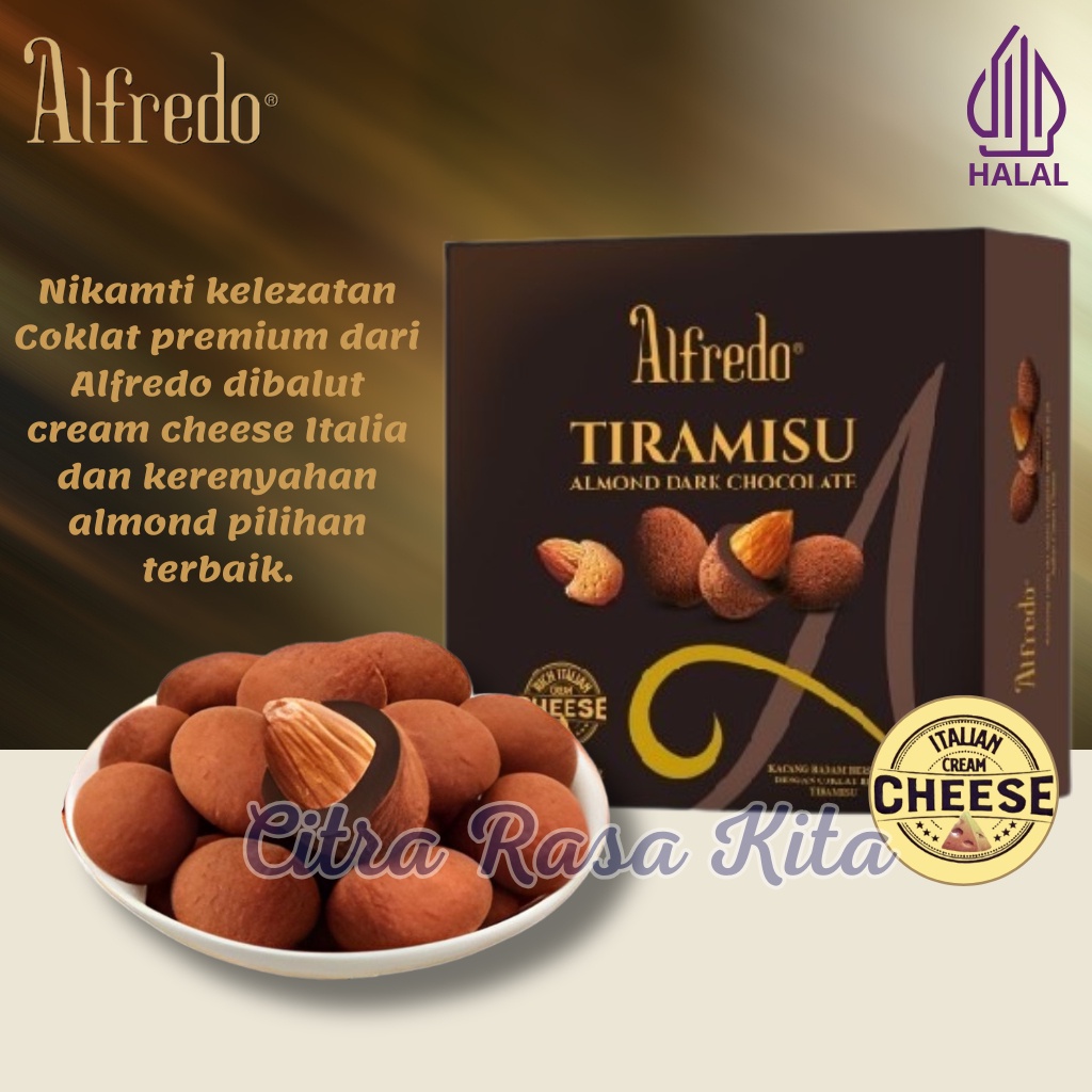 

A Halal Alfredo Tiramisu Coklat Almond Dark, White & Milk Chocolate With Rich Italian Cream Cheese
