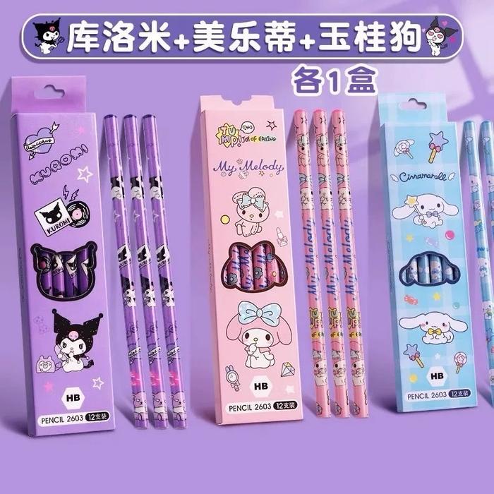 

Pensil Sanrio 3Pcs Pensil Karakter Kuromi Cinamonrol, Melody Pensil Anam