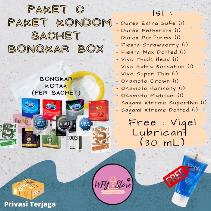 

Paket C - Paket x Kondom Saet (13 kondom + free Vigel 30 mL)