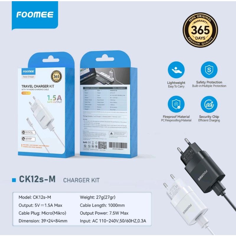 TerLengkapDong- Foomee CK12s Travel Charger 1,5a , With Cable Micro Foomee Ck12