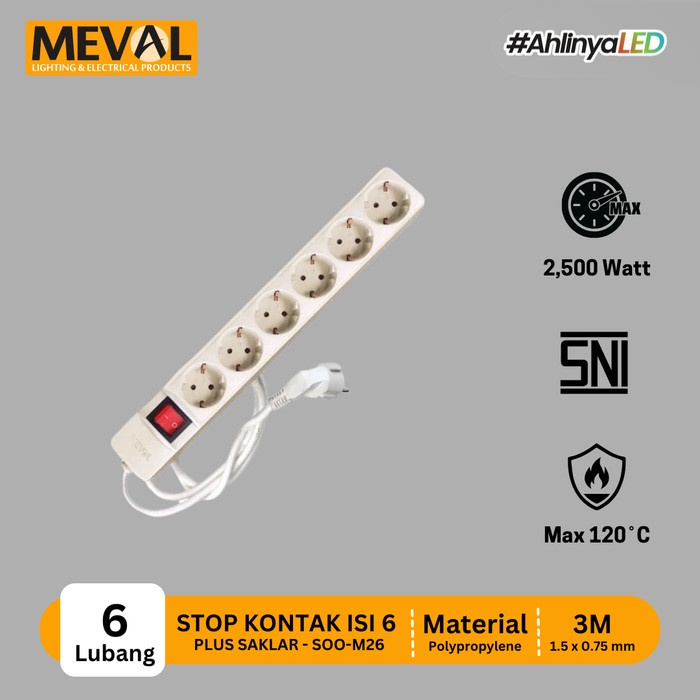 PREMIUM Meval Stop Kontak Isi 6 + Saklar - Kabel 3m