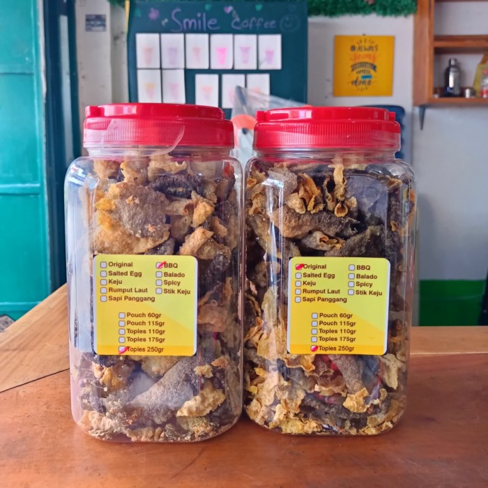 

Paket Combat 3 Kerupuk Kulit Ikan Salmon Varian Rasa Original Dan Varian Rasa Bbq Kemasan Toples