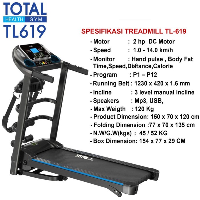Treadmill Listrik 2Hp Tl619 3-Fungsi Total Fitness