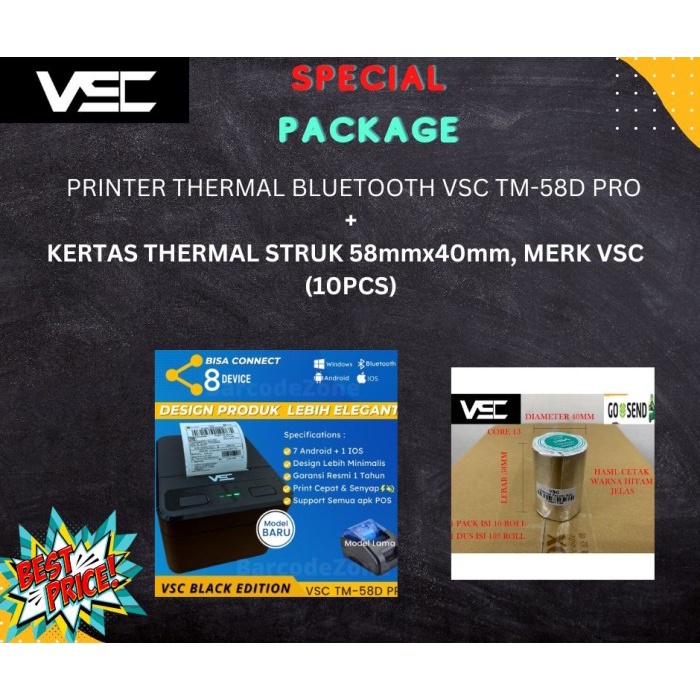 

PRINTER THERMAL BLUETOOTH VSC TM-58D PRO +10pcs Kertas Struk Uk.58x40