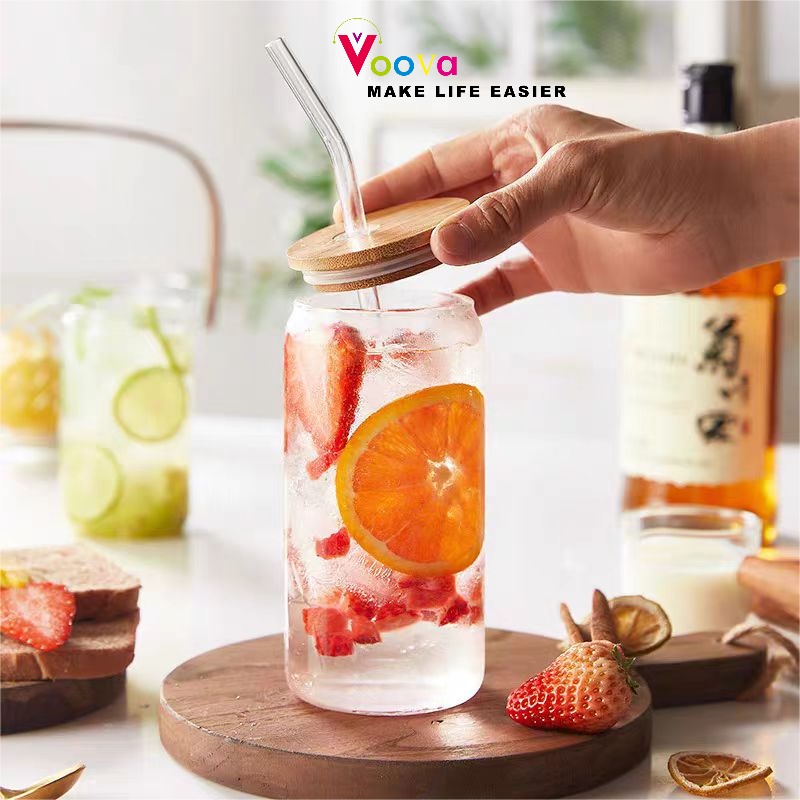 Voova Gelas Kaca Gelas Mug / Gelas Jar Gelas Kaca Estetik Cafe 350/550Ml / Tumbler Kaca Tutup Kayu