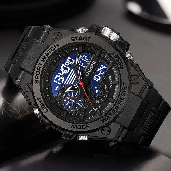 Licarr Jam Tangan Pria Fashion Analog Digital Olahraga Kuarsa Anti Air Santai Tanggal Alarm Jam