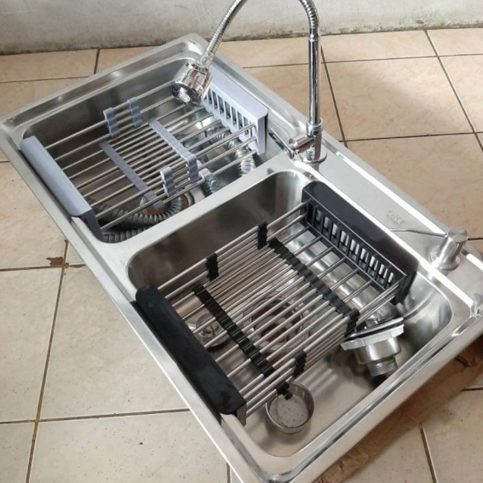 ONLY GOSEND or GRAB Paket Komplit Wastafel 2 Lubang Kitchen Sink Stainless Bak Cuci Piring