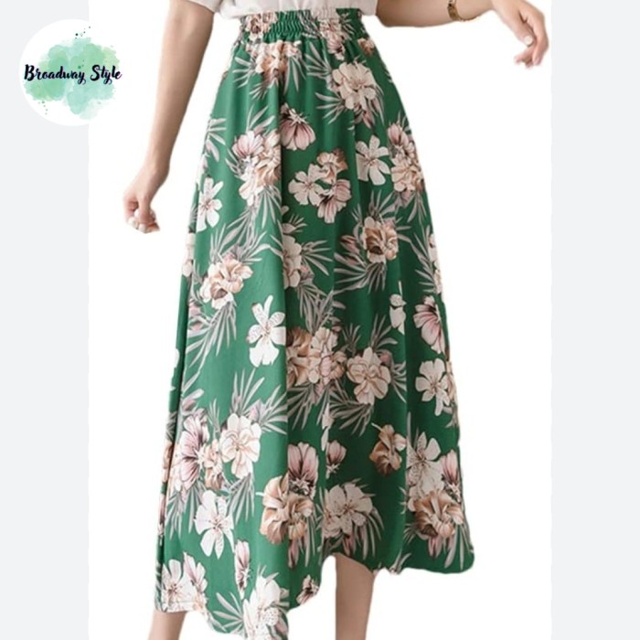 Rok Midi Skirt Ciffon Flower Bunga Motif Bunga A-Line Skirt Daun Leaf Pattern Pantai Busana Pantai