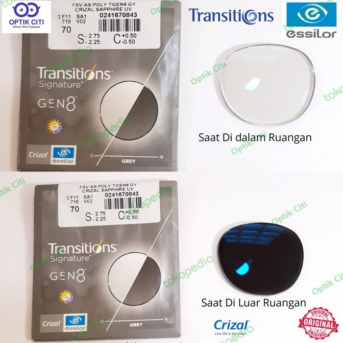 Lensa Photochromic Crizal Transition Gen 8 Essilor Orma 1.5 Grey