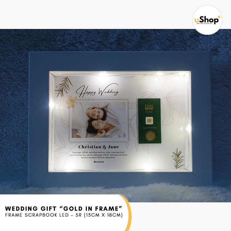 UM1 Wedding Gift Custom Foto Frame Scrapbook 5R / Kado Pernikahan Hadiah Pernikahan Logam Mulia Emas