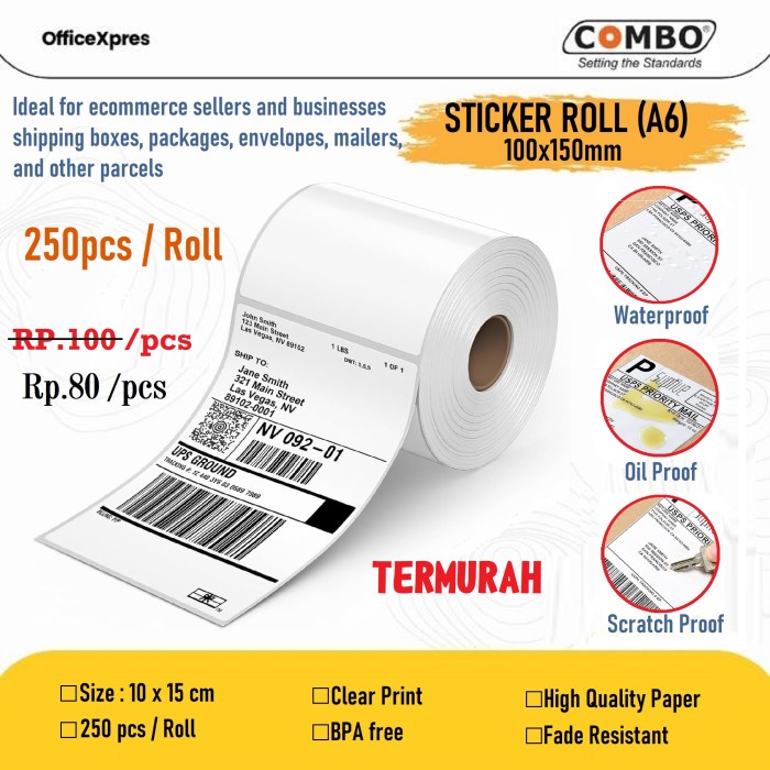 

Kertas Label STICKER 100x150mm / Thermal Label pengiriman A6 100 x 150