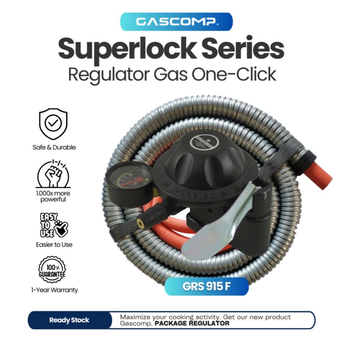 GASCOMP Superlock Regulator Gas Low Pressure dengan Selang Flexible Hitam 5 Lapisan Kuat dan Awet