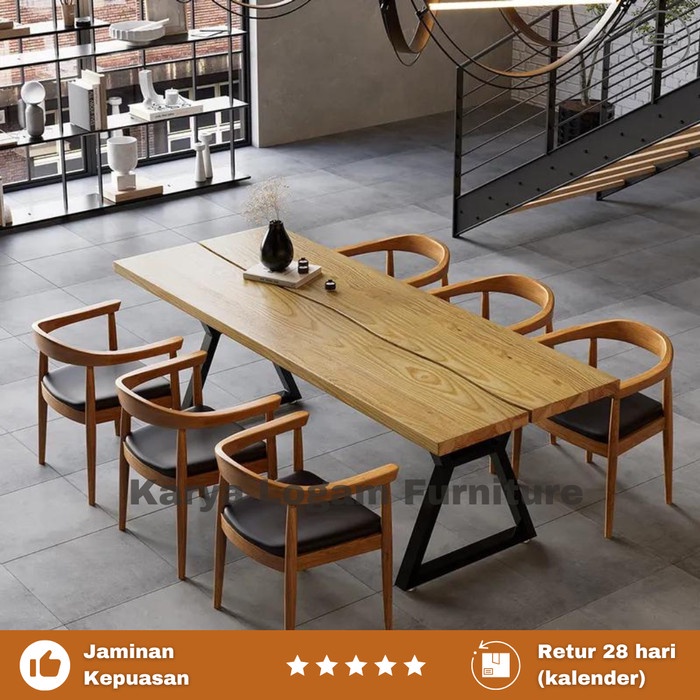 Dining Table Modern Minimalis- Set Meja Makan Kaki Besi Top Kayu Solid - 160x80 6Kursi