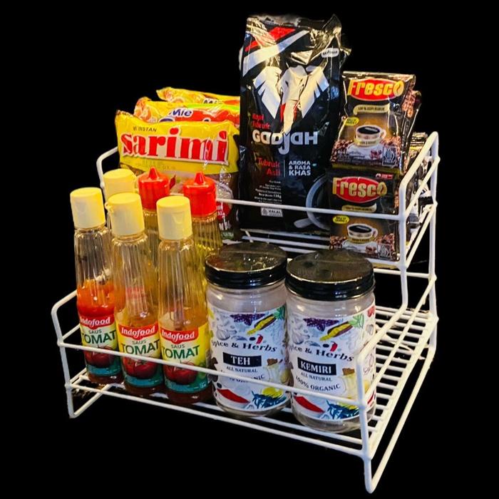 Rak tempat bumbu dapur dan tempat minuman aqua dan kue lebaran dari besi anti karat