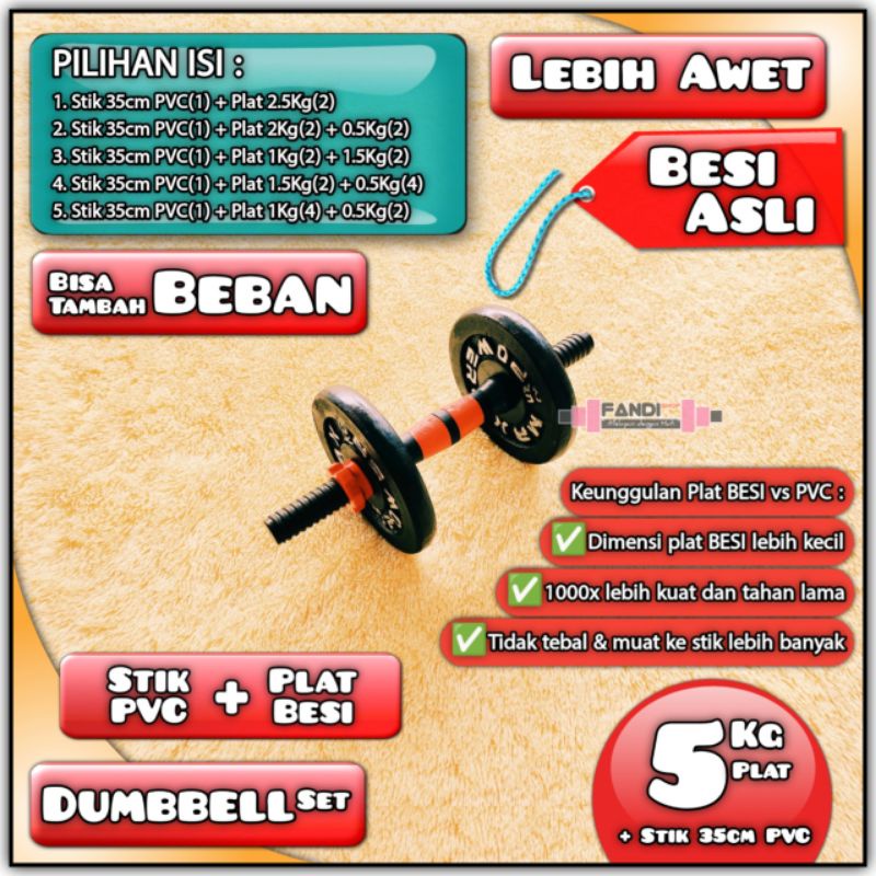 Barbel Dumbbell Set 5Kg / Stik Dumbbell 35cm + Plat 5kg BESI