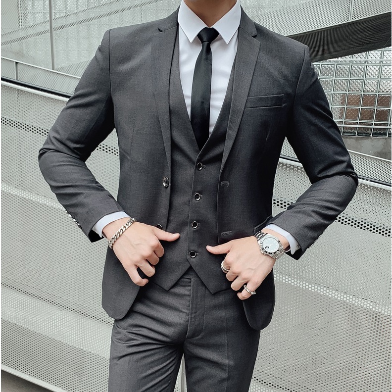 3 In 1 Set Jas Formal Pria Tuxedo Warna Abu Tua Setelan Pria Blazer Rompi Vest Celana Bahan