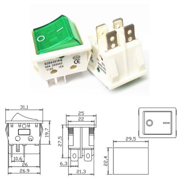 ] Saklar Rocker Switch ON OFF 4 Pin 30A 250V Putih - Lampu Hijau