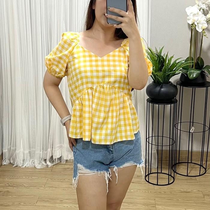 (Expert) (Victoria Wear House) Ara Top Baju Atasan Lengan Balon Puffy Sleeve Motif Kotak-Kotak