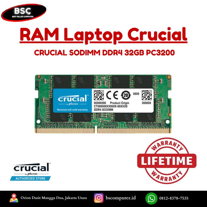 Ready RAM Sodimm Notebook Crucial Memory 32GB (1x32GB) DDR4 SODIMM 3200 Mhz - CT32G4SFD832A