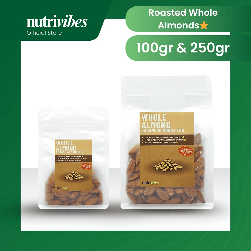 

Kacang Almond Utuh Panggang / Roasted Whole Almond (Snack Pack 100gr& 250gr) - Nutrivibes